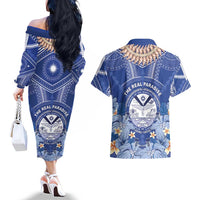 Marshall Islands Jemenei Day Couples Matching Off The Shoulder Long Sleeve Dress and Hawaiian Shirt Polynesian Tribal Tattoo Seashell Necklace