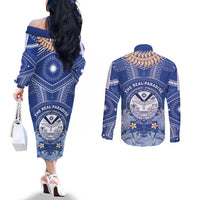Marshall Islands Jemenei Day Couples Matching Off The Shoulder Long Sleeve Dress and Long Sleeve Button Shirt Polynesian Tribal Tattoo Seashell Necklace LT05 - Polynesian Pride