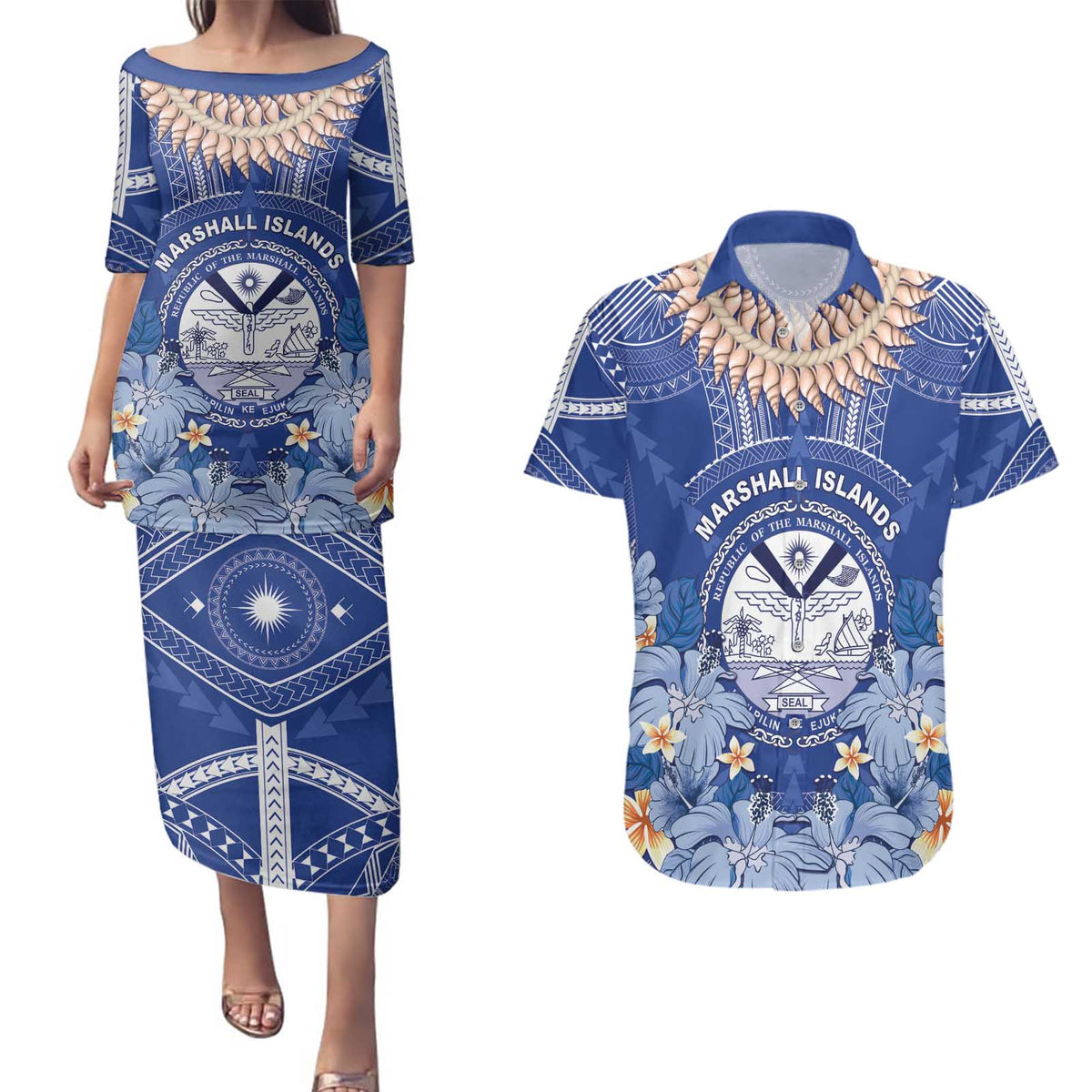 Marshall Islands Jemenei Day Couples Matching Puletasi and Hawaiian Shirt Polynesian Tribal Tattoo Seashell Necklace LT05 Blue - Polynesian Pride