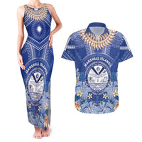 Marshall Islands Jemenei Day Couples Matching Tank Maxi Dress and Hawaiian Shirt Polynesian Tribal Tattoo Seashell Necklace LT05 Blue - Polynesian Pride