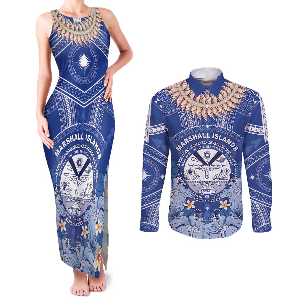 Marshall Islands Jemenei Day Couples Matching Tank Maxi Dress and Long Sleeve Button Shirt Polynesian Tribal Tattoo Seashell Necklace LT05 Blue - Polynesian Pride