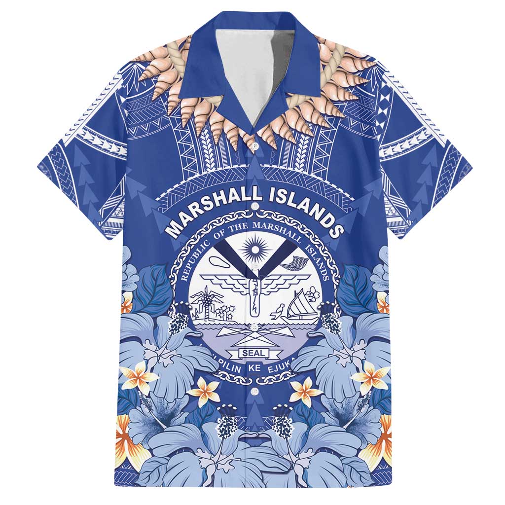 Marshall Islands Jemenei Day Family Matching Long Sleeve Bodycon Dress and Hawaiian Shirt Polynesian Tribal Tattoo Seashell Necklace LT05 Dad's Shirt - Short Sleeve Blue - Polynesian Pride