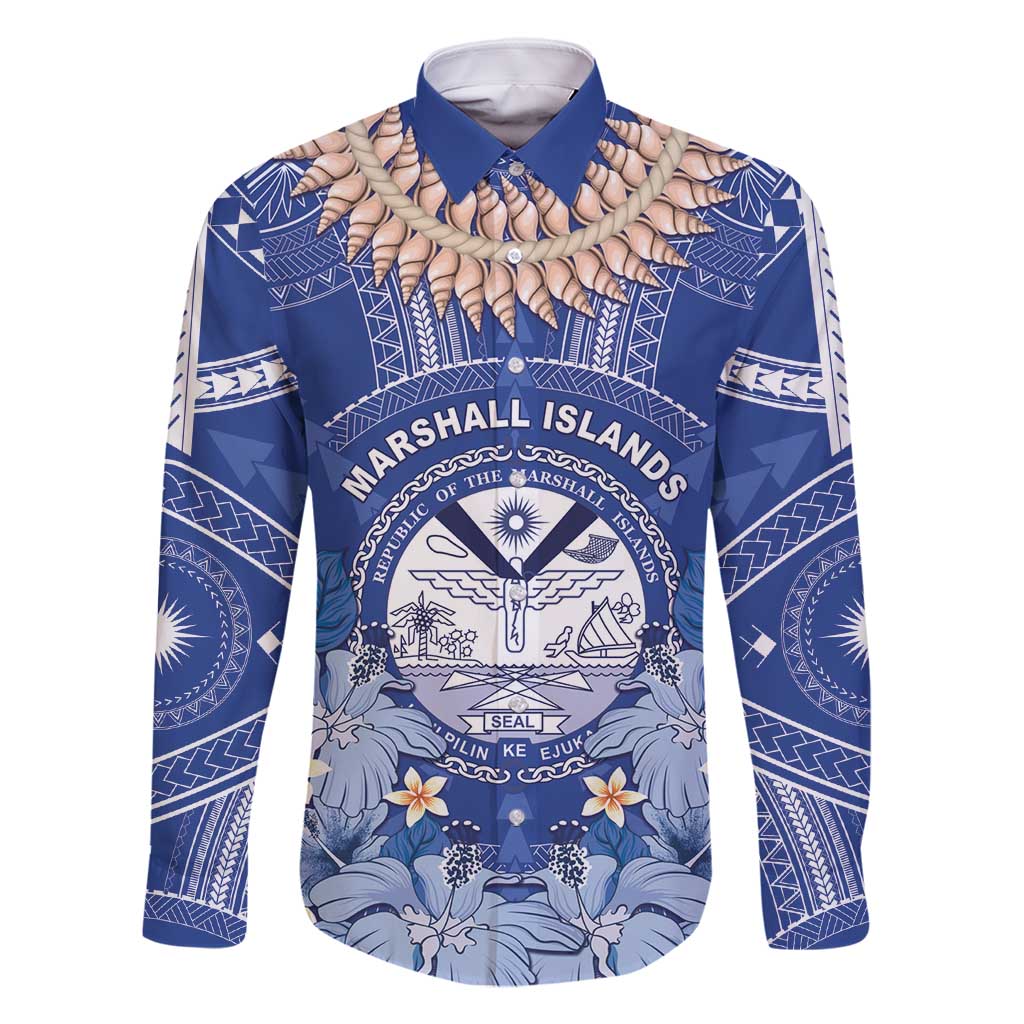 Marshall Islands Jemenei Day Family Matching Long Sleeve Bodycon Dress and Hawaiian Shirt Polynesian Tribal Tattoo Seashell Necklace LT05 Dad's Shirt - Long Sleeve Blue - Polynesian Pride