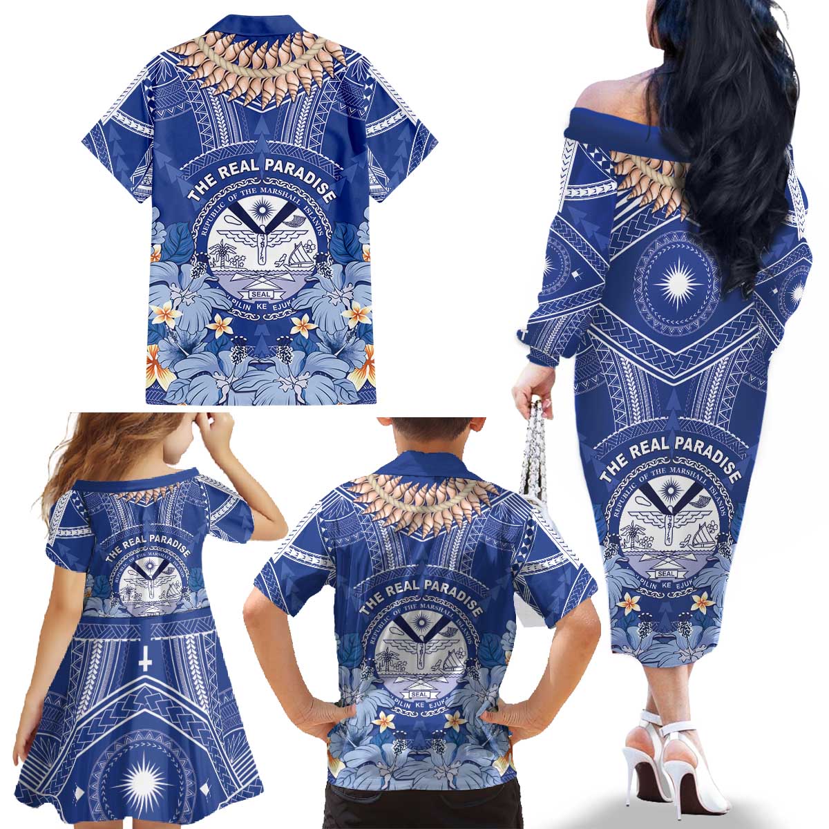Marshall Islands Jemenei Day Family Matching Off The Shoulder Long Sleeve Dress and Hawaiian Shirt Polynesian Tribal Tattoo Seashell Necklace