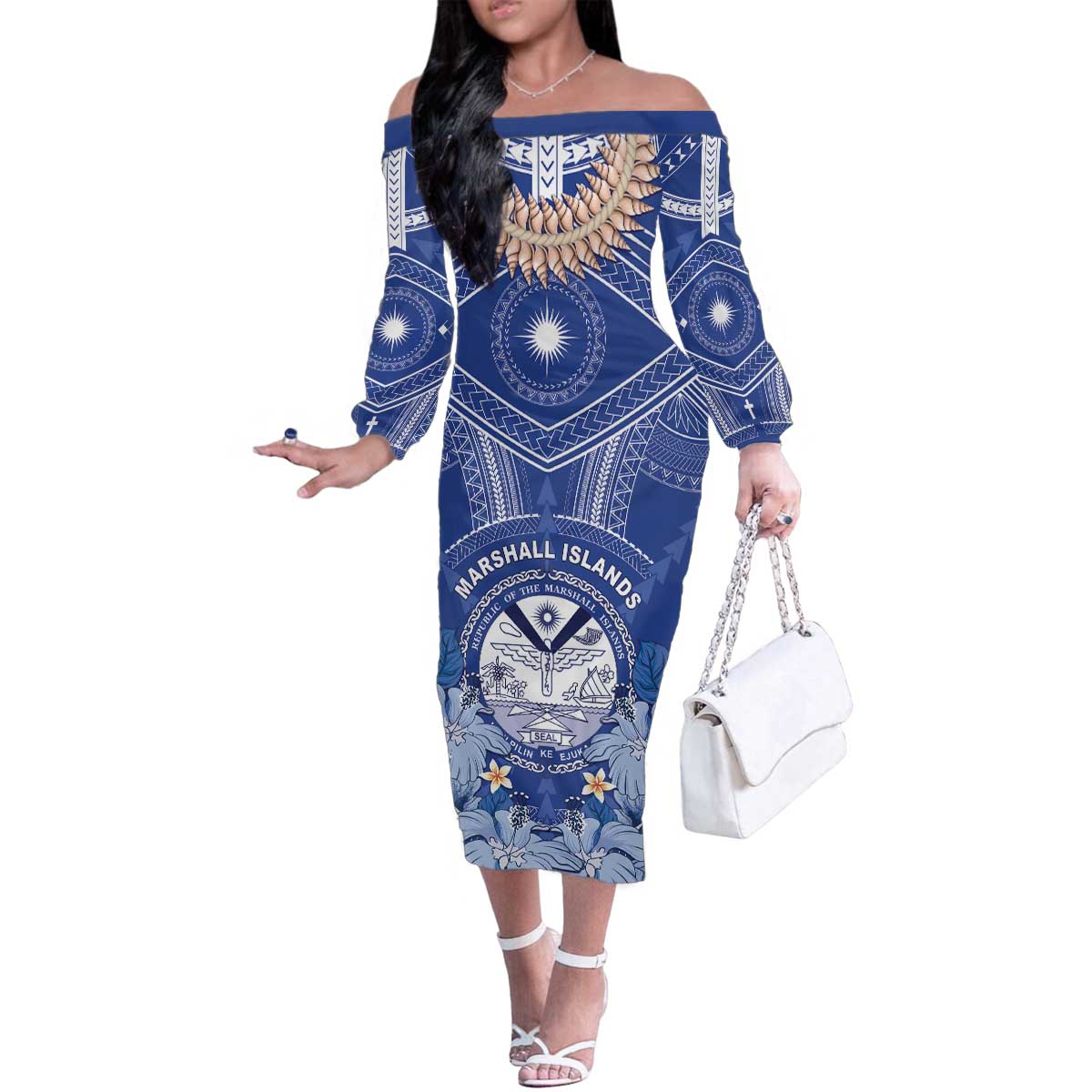 Marshall Islands Jemenei Day Family Matching Off The Shoulder Long Sleeve Dress and Hawaiian Shirt Polynesian Tribal Tattoo Seashell Necklace