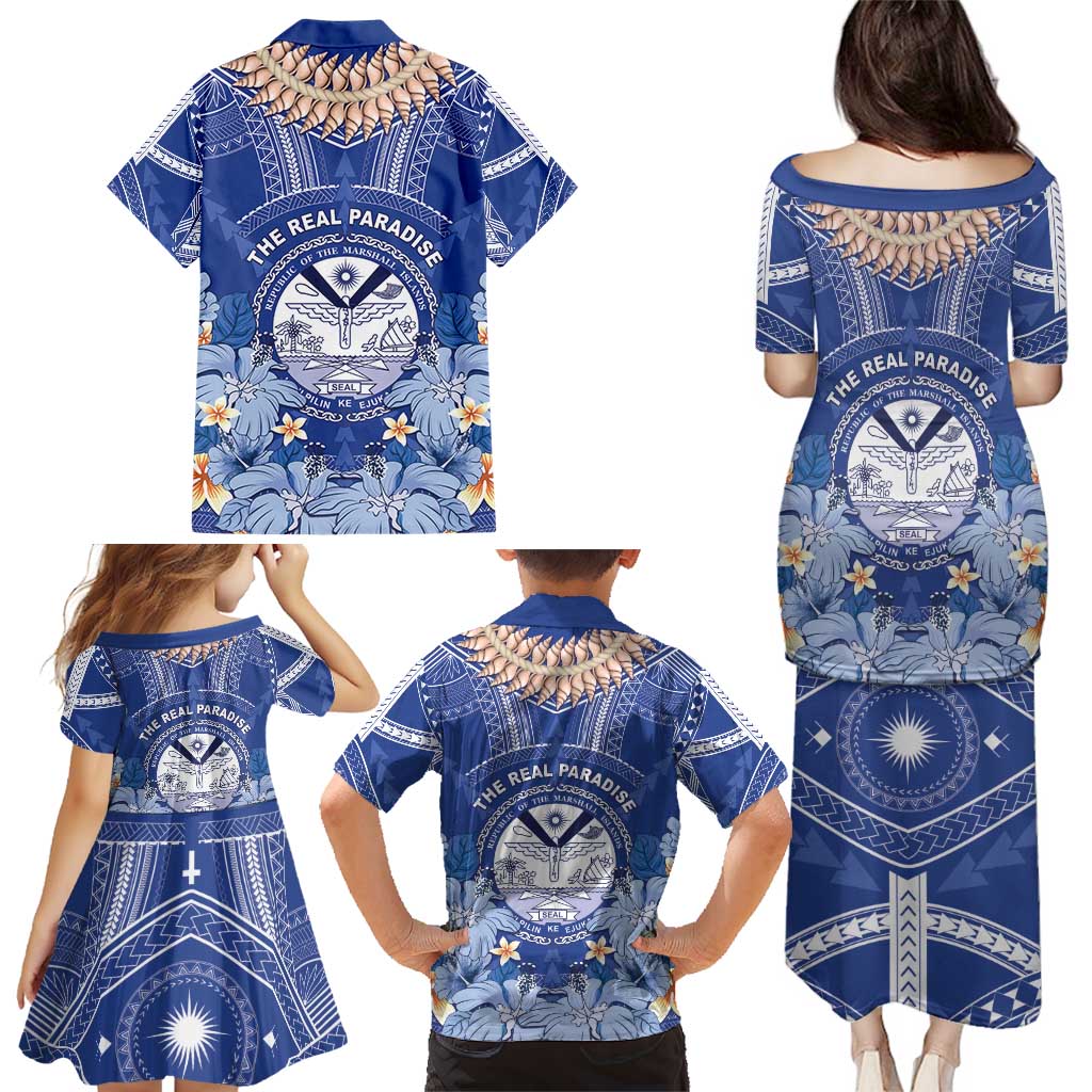 Marshall Islands Jemenei Day Family Matching Puletasi and Hawaiian Shirt Polynesian Tribal Tattoo Seashell Necklace