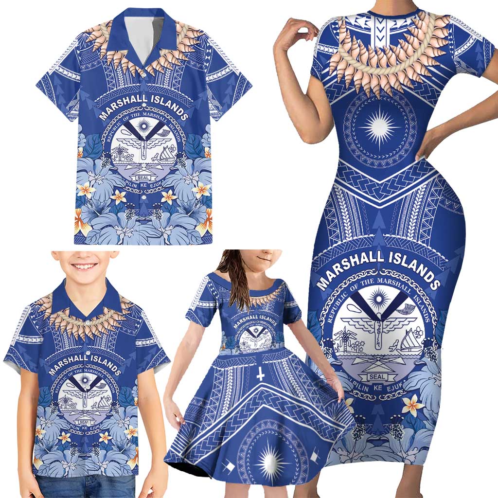 Marshall Islands Jemenei Day Family Matching Short Sleeve Bodycon Dress and Hawaiian Shirt Polynesian Tribal Tattoo Seashell Necklace LT05 - Polynesian Pride