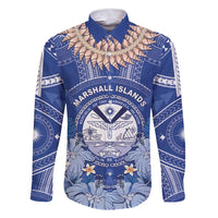 Marshall Islands Jemenei Day Family Matching Short Sleeve Bodycon Dress and Hawaiian Shirt Polynesian Tribal Tattoo Seashell Necklace LT05 Dad's Shirt - Long Sleeve Blue - Polynesian Pride