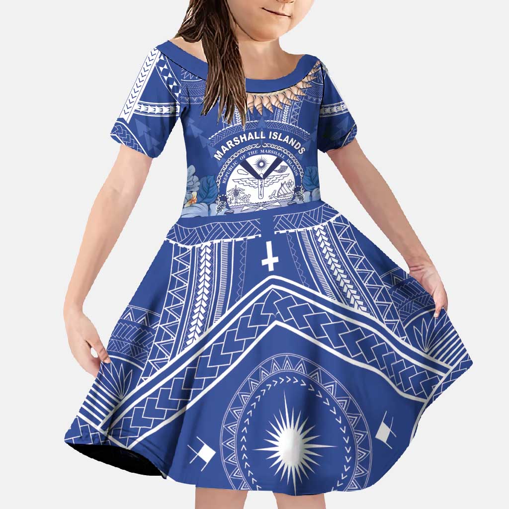 Marshall Islands Jemenei Day Family Matching Tank Maxi Dress and Hawaiian Shirt Polynesian Tribal Tattoo Seashell Necklace LT05 Daughter's Dress Blue - Polynesian Pride