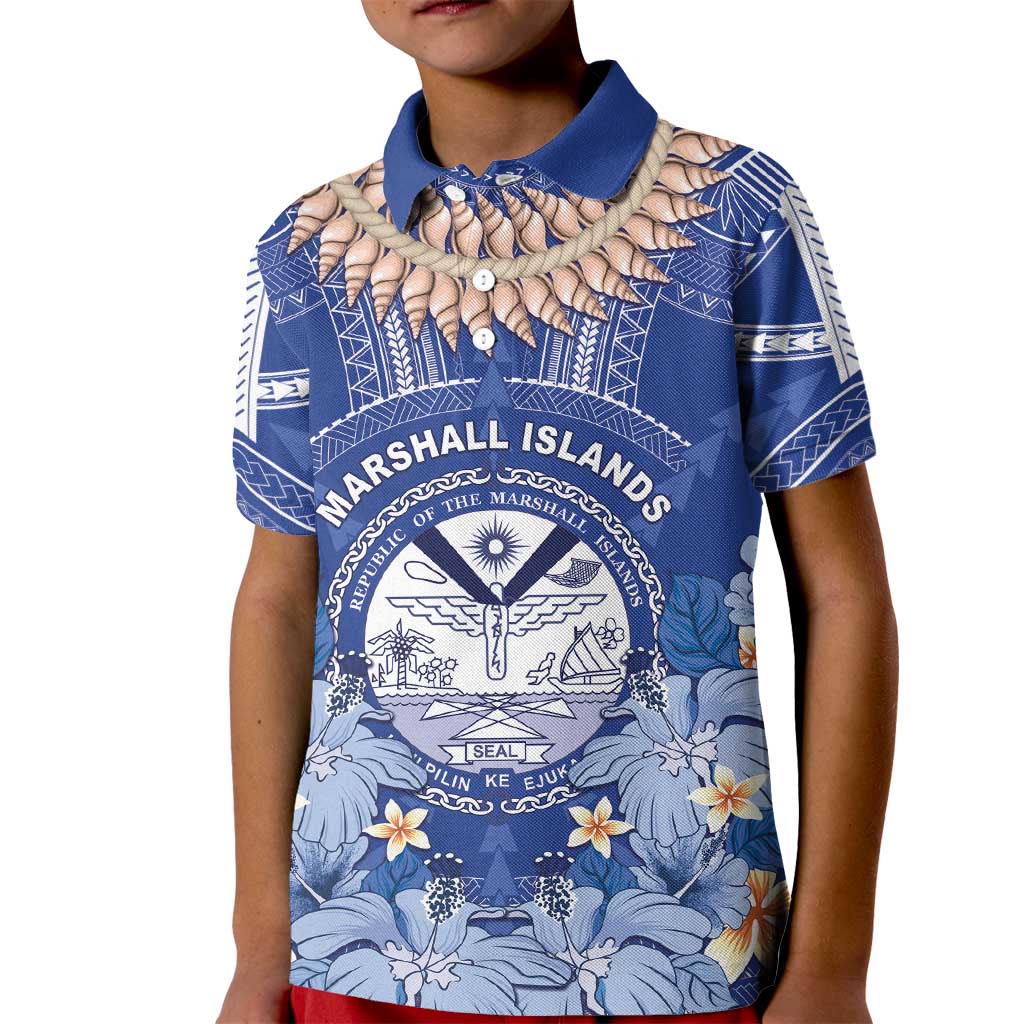 Marshall Islands Jemenei Day Kid Polo Shirt Polynesian Tribal Tattoo Seashell Necklace LT05 Kid Blue - Polynesian Pride