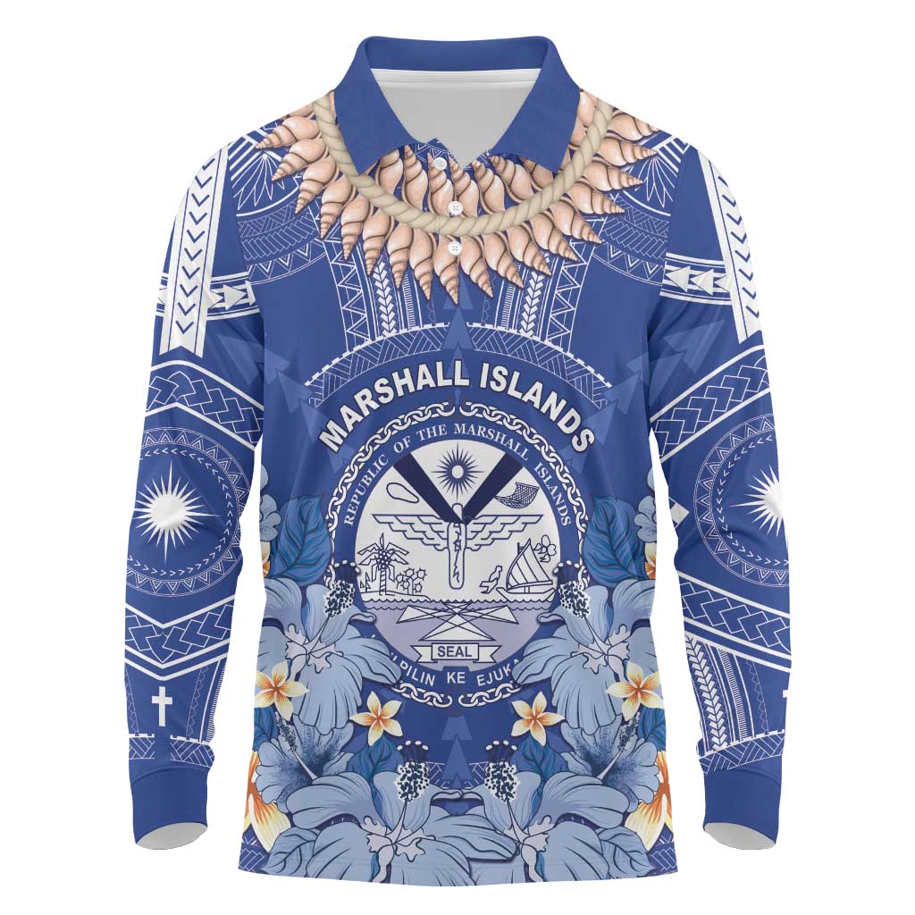 Marshall Islands Jemenei Day Long Sleeve Polo Shirt Polynesian Tribal Tattoo Seashell Necklace LT05 Blue - Polynesian Pride
