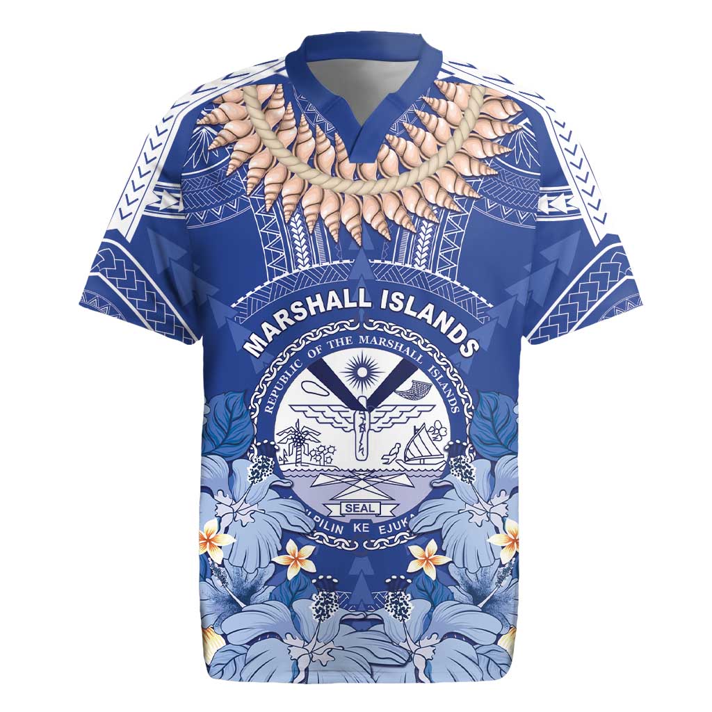 Marshall Islands Jemenei Day Rugby Jersey Polynesian Tribal Tattoo Seashell Necklace LT05 Blue - Polynesian Pride