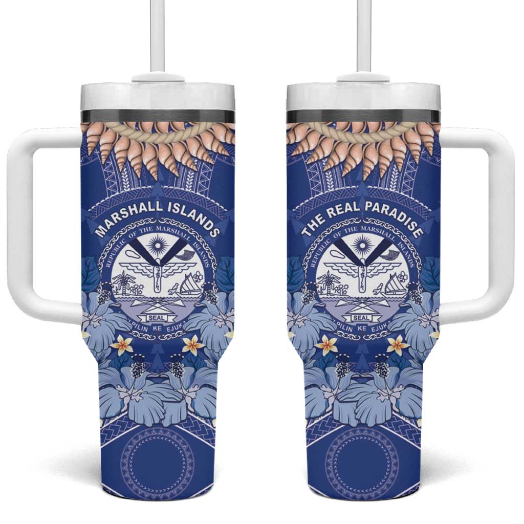 Marshall Islands Jemenei Day Tumbler With Handle Polynesian Tribal Tattoo Seashell Necklace LT05 One Size: 40 oz Blue - Polynesian Pride