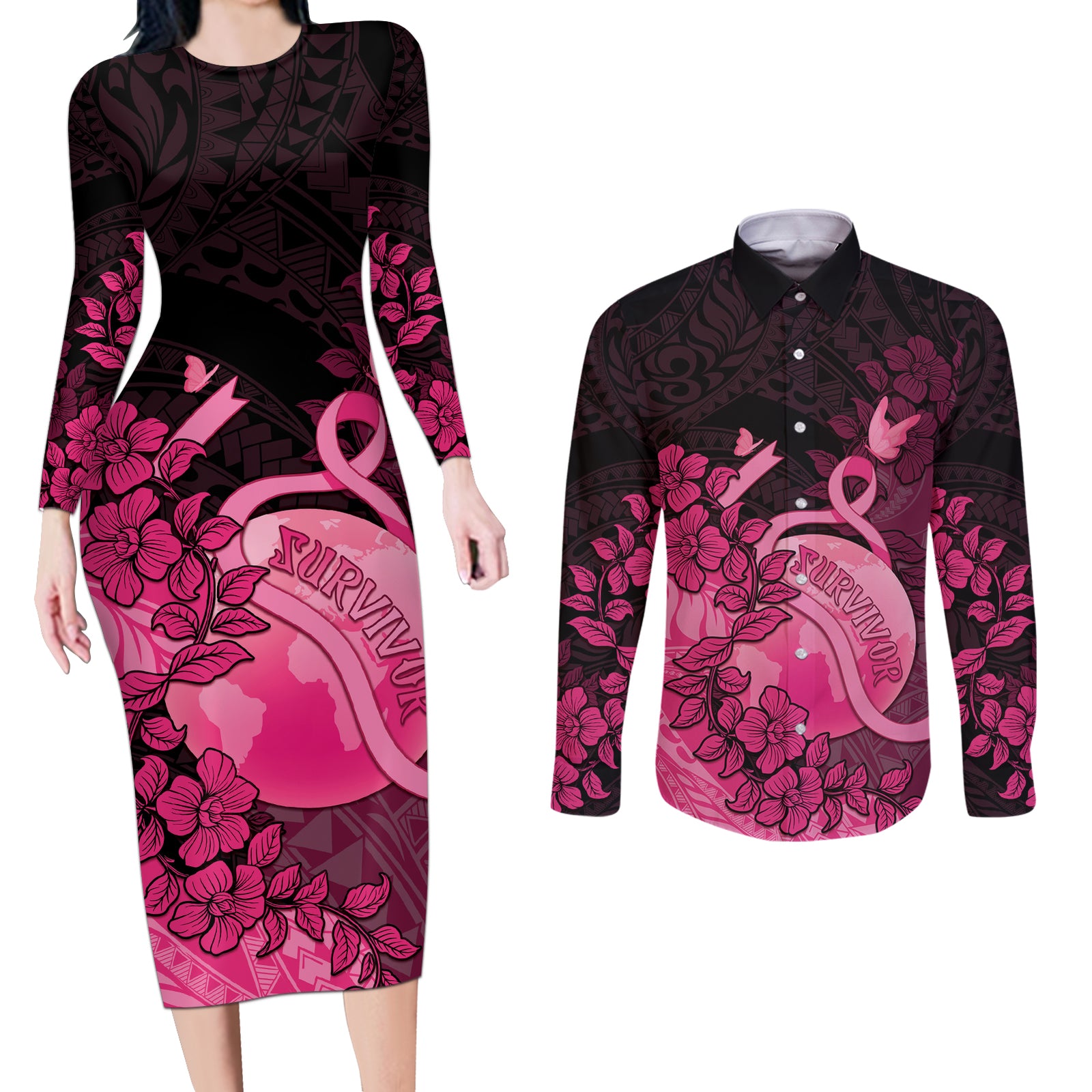 Personalised Cancer Fighter Couples Matching Long Sleeve Bodycon Dress and Long Sleeve Button Shirt I Beat Cancer