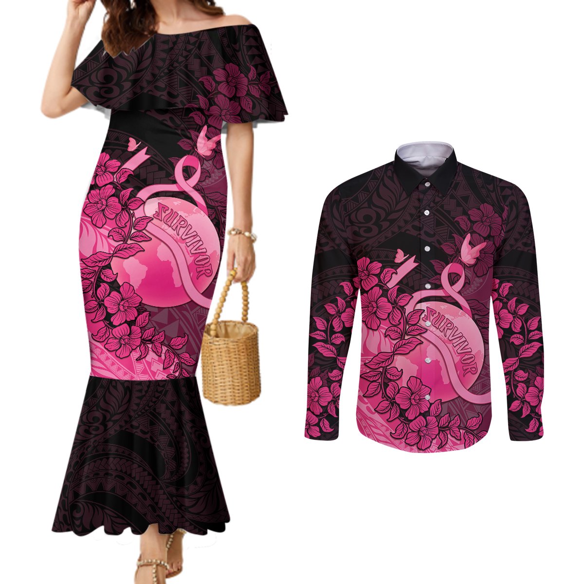 Personalised Cancer Fighter Couples Matching Mermaid Dress and Long Sleeve Button Shirt I Beat Cancer LT05 Pink - Polynesian Pride