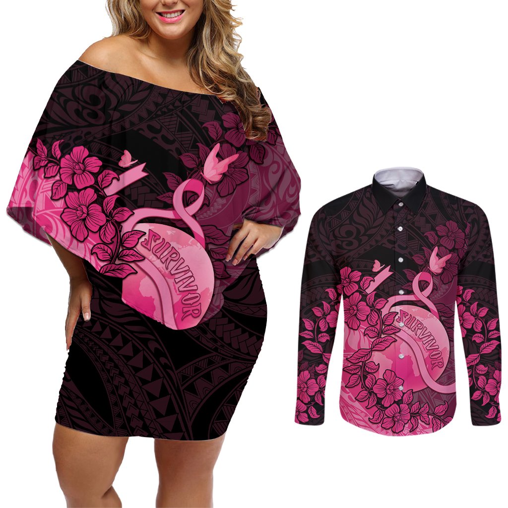 Personalised Cancer Fighter Couples Matching Off Shoulder Short Dress and Long Sleeve Button Shirt I Beat Cancer LT05 Pink - Polynesian Pride