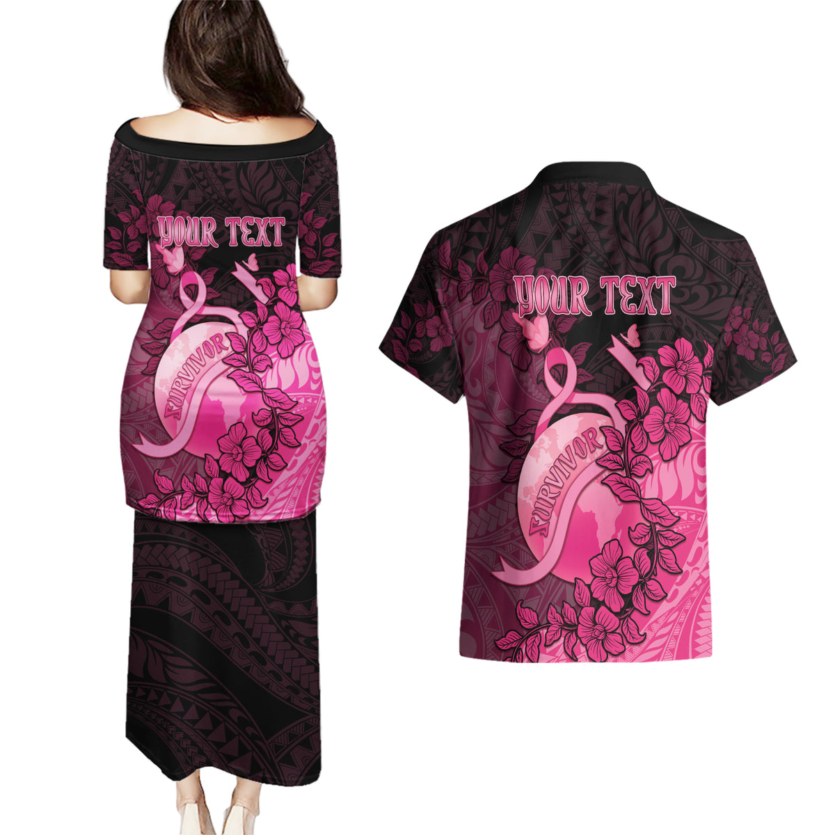 Personalised Cancer Fighter Couples Matching Puletasi and Hawaiian Shirt I Beat Cancer LT05 - Polynesian Pride
