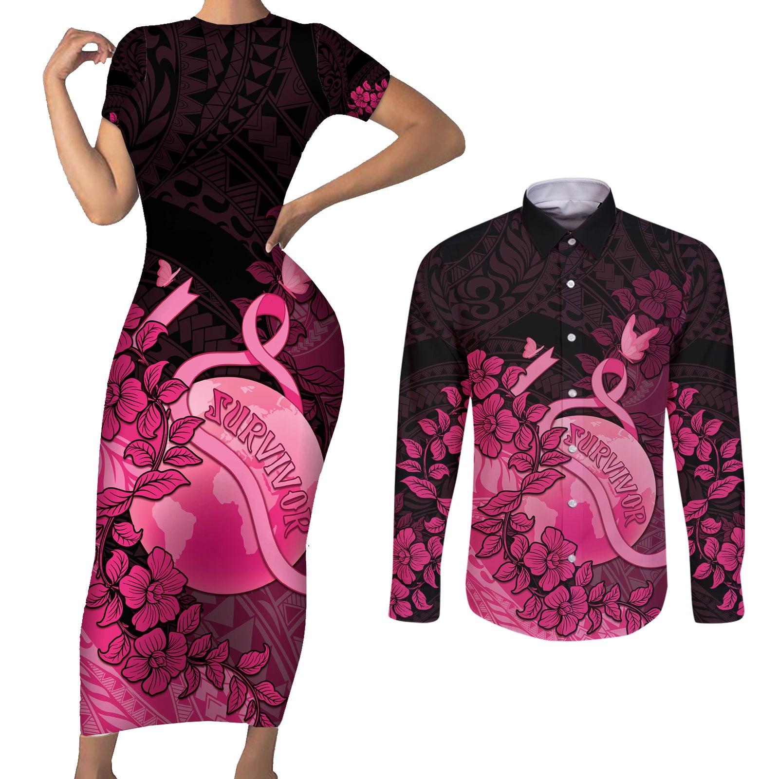 Personalised Cancer Fighter Couples Matching Short Sleeve Bodycon Dress and Long Sleeve Button Shirt I Beat Cancer
