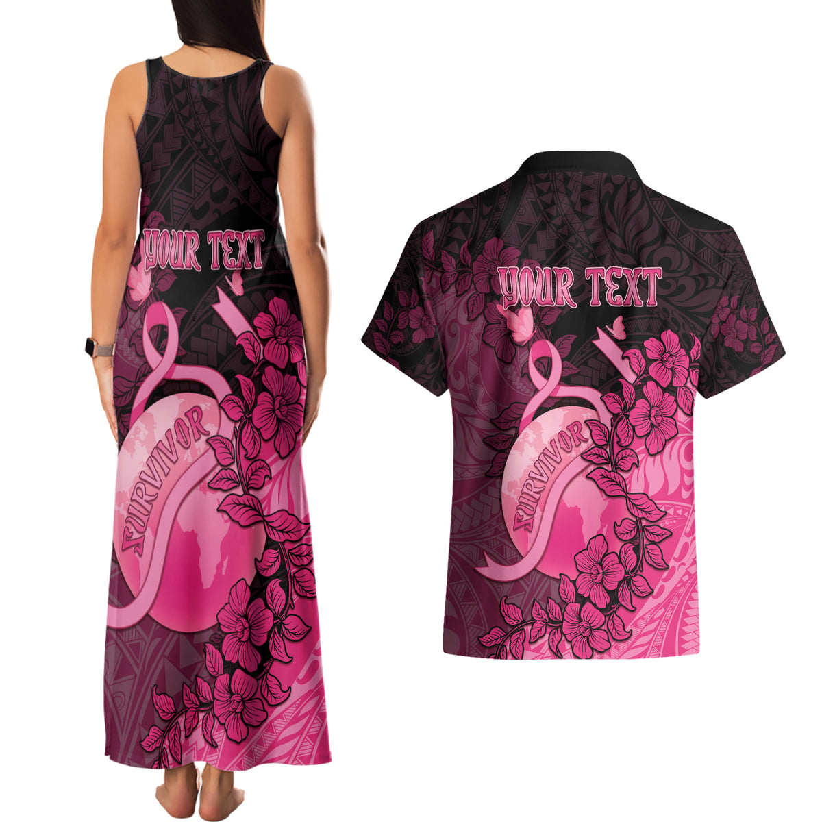 Personalised Cancer Fighter Couples Matching Tank Maxi Dress and Hawaiian Shirt I Beat Cancer LT05 - Polynesian Pride