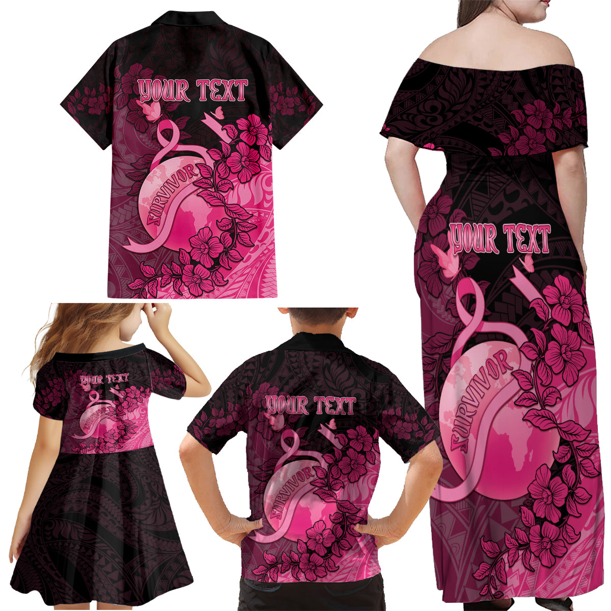 Personalised Cancer Fighter Family Matching Off Shoulder Maxi Dress and Hawaiian Shirt I Beat Cancer LT05 - Polynesian Pride