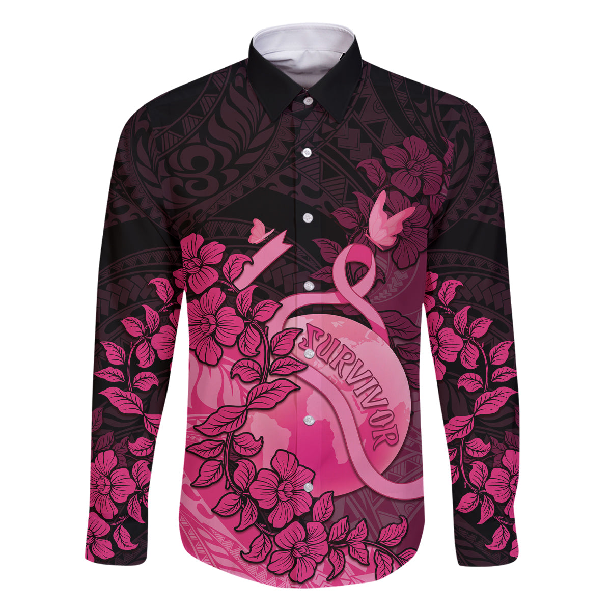 Personalised Cancer Fighter Family Matching Off Shoulder Maxi Dress and Hawaiian Shirt I Beat Cancer LT05 Dad's Shirt - Long Sleeve Pink - Polynesian Pride