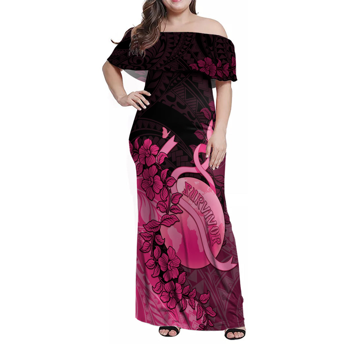 Personalised Cancer Fighter Family Matching Off Shoulder Maxi Dress and Hawaiian Shirt I Beat Cancer LT05 Mom's Dress Pink - Polynesian Pride