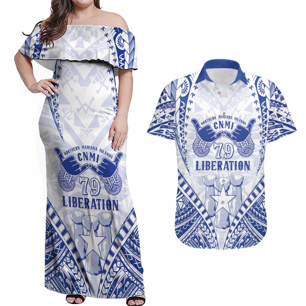 Northern Mariana Islands Liberation Day Couples Matching Off Shoulder Maxi Dress and Hawaiian Shirt 79th Anniversary