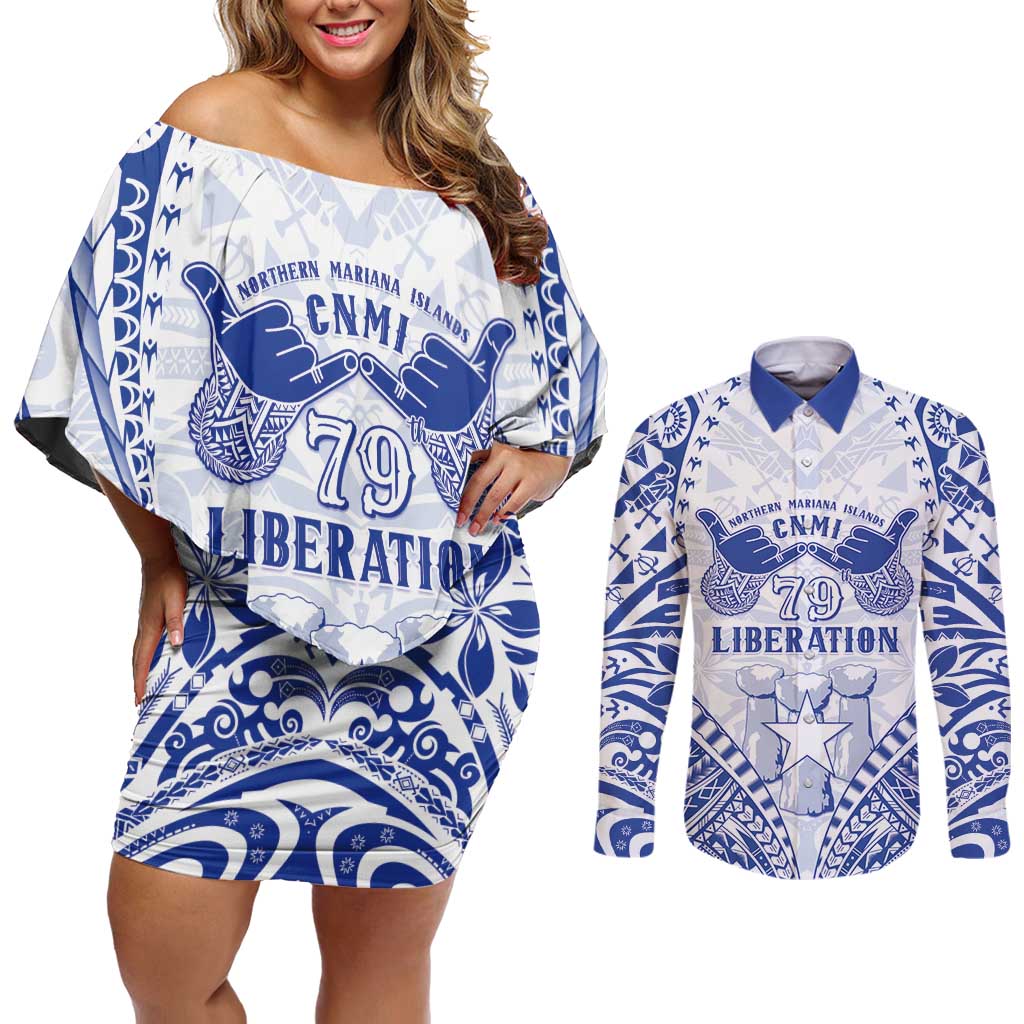 Northern Mariana Islands Liberation Day Couples Matching Off Shoulder Short Dress and Long Sleeve Button Shirt 79th Anniversary LT05 Blue - Polynesian Pride