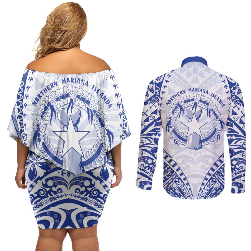 Northern Mariana Islands Liberation Day Couples Matching Off Shoulder Short Dress and Long Sleeve Button Shirt 79th Anniversary LT05 - Polynesian Pride