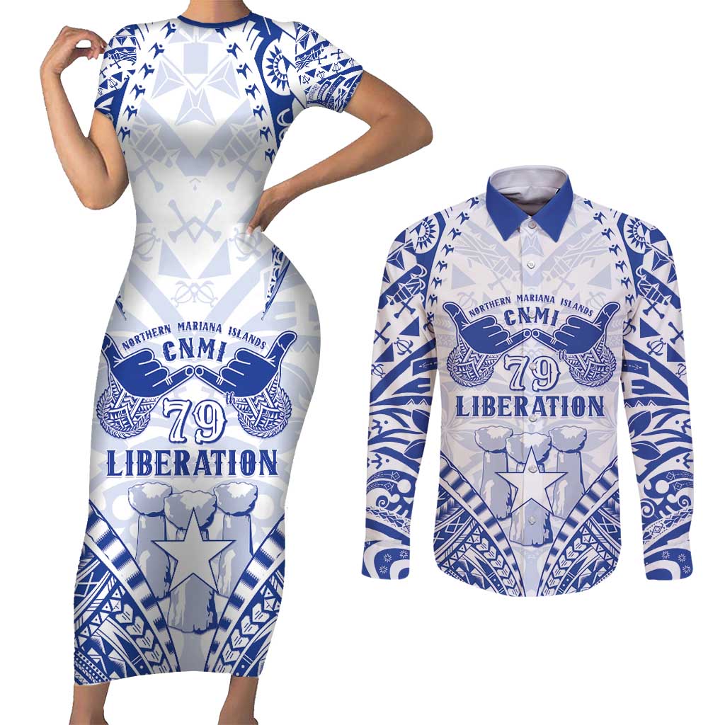 Northern Mariana Islands Liberation Day Couples Matching Short Sleeve Bodycon Dress and Long Sleeve Button Shirt 79th Anniversary