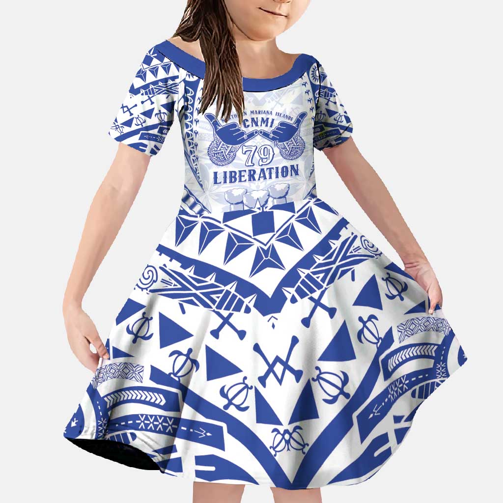 Northern Mariana Islands Liberation Day Family Matching Long Sleeve Bodycon Dress and Hawaiian Shirt 79th Anniversary LT05 Daughter's Dress Blue - Polynesian Pride