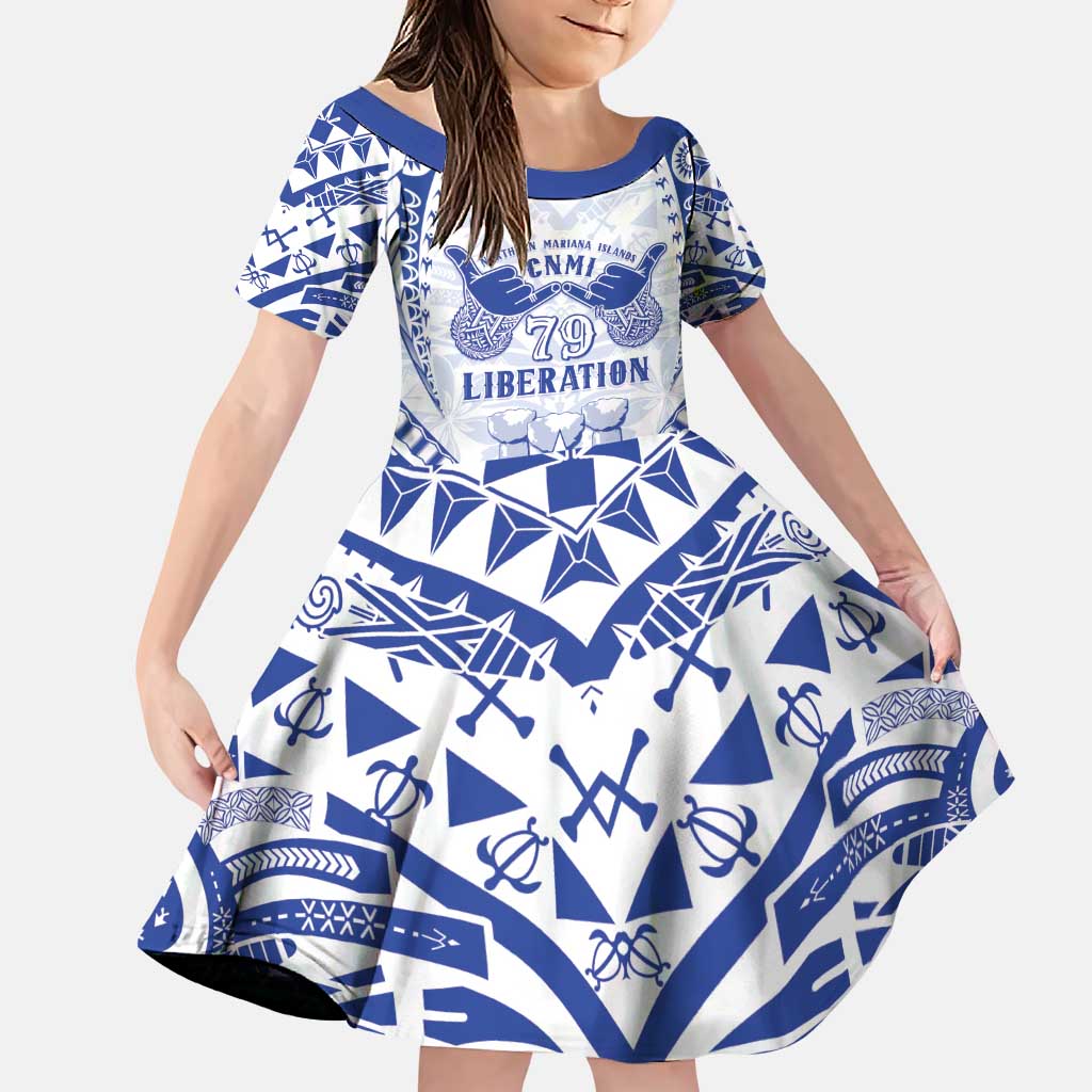 Northern Mariana Islands Liberation Day Family Matching Puletasi and Hawaiian Shirt 79th Anniversary LT05 Daughter's Dress Blue - Polynesian Pride