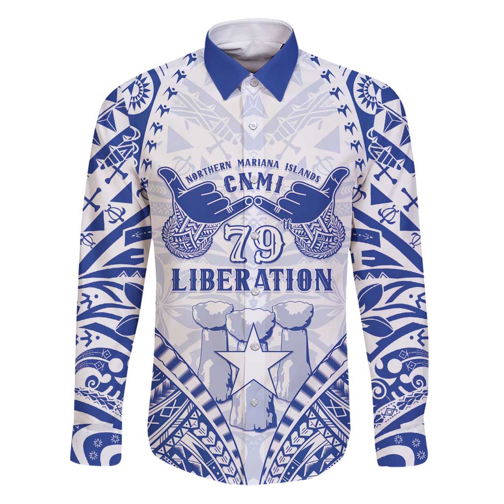 Northern Mariana Islands Liberation Day Family Matching Puletasi and Hawaiian Shirt 79th Anniversary LT05 Dad's Shirt - Long Sleeve Blue - Polynesian Pride
