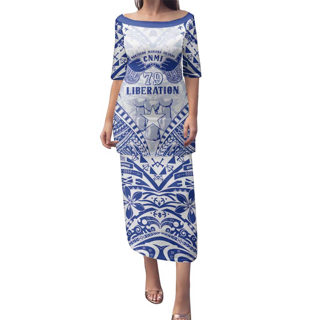 Northern Mariana Islands Liberation Day Family Matching Puletasi and Hawaiian Shirt 79th Anniversary LT05 Mom's Dress Blue - Polynesian Pride