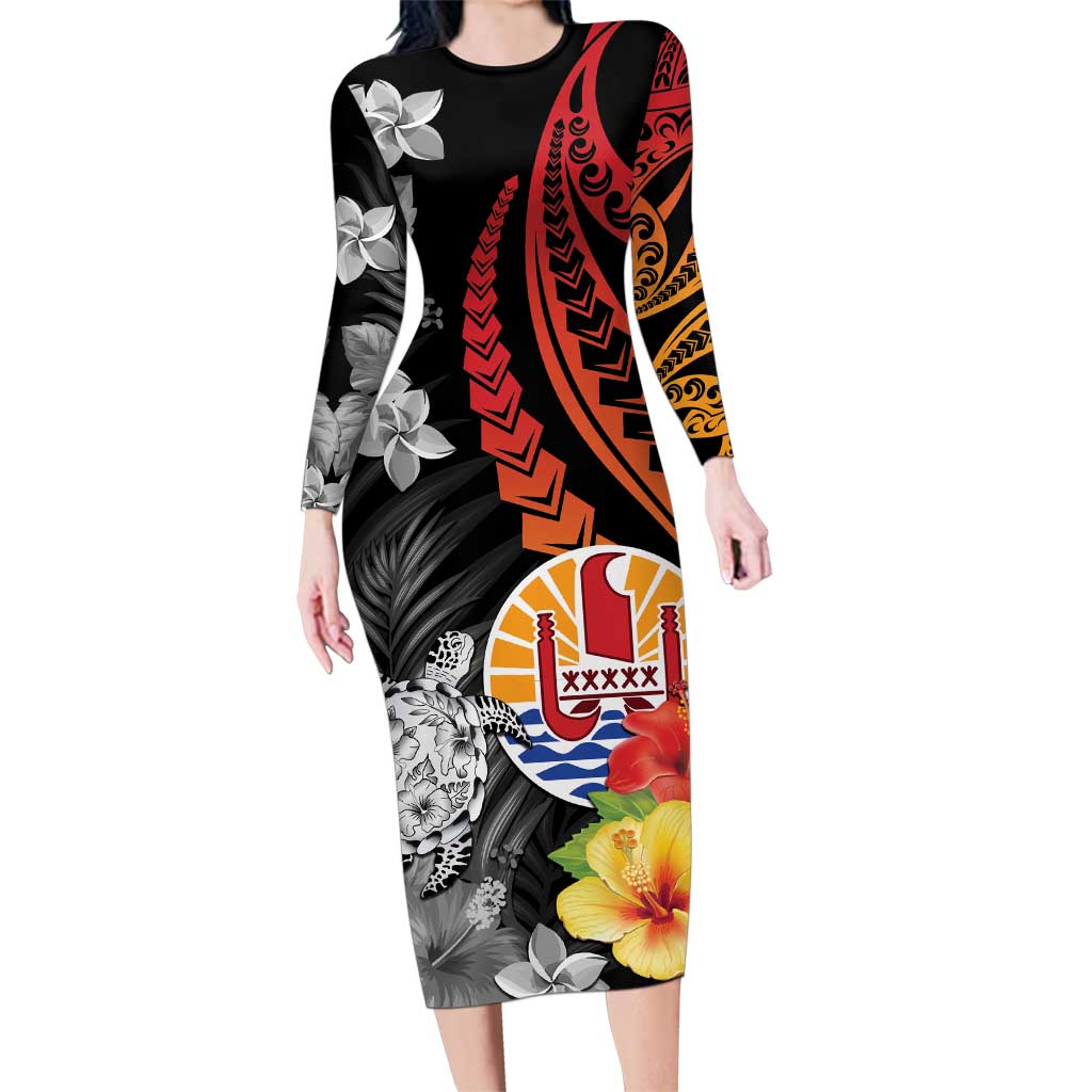 French Polynesia Bastille Day Family Matching Long Sleeve Bodycon Dress and Hawaiian Shirt Tropical Turtle Hibiscus Polynesian Pattern