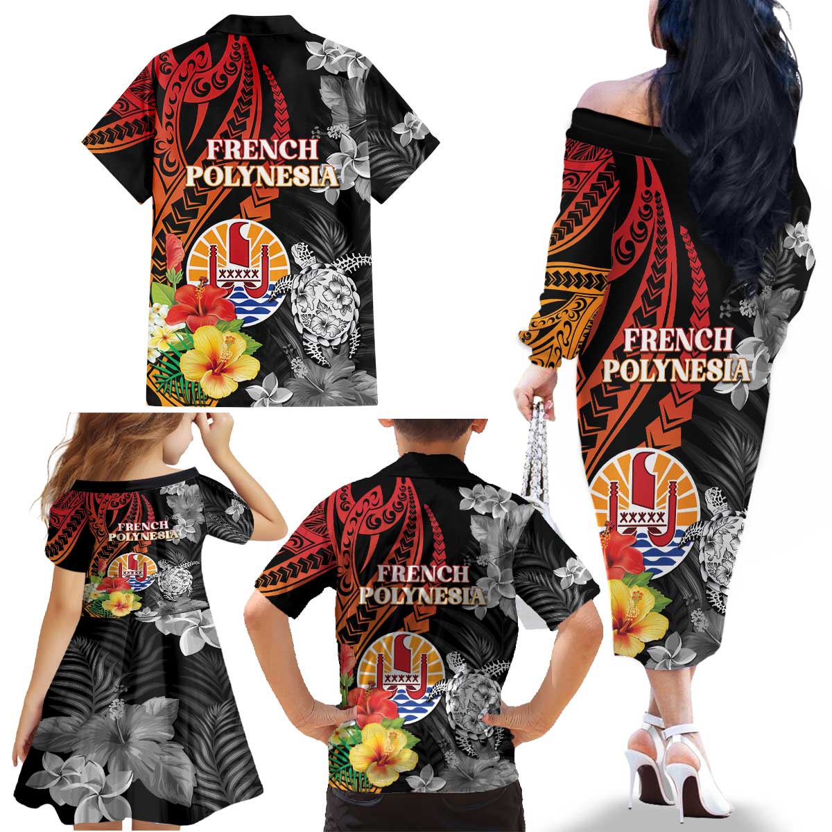 French Polynesia Bastille Day Family Matching Off The Shoulder Long Sleeve Dress and Hawaiian Shirt Tropical Turtle Hibiscus Polynesian Pattern