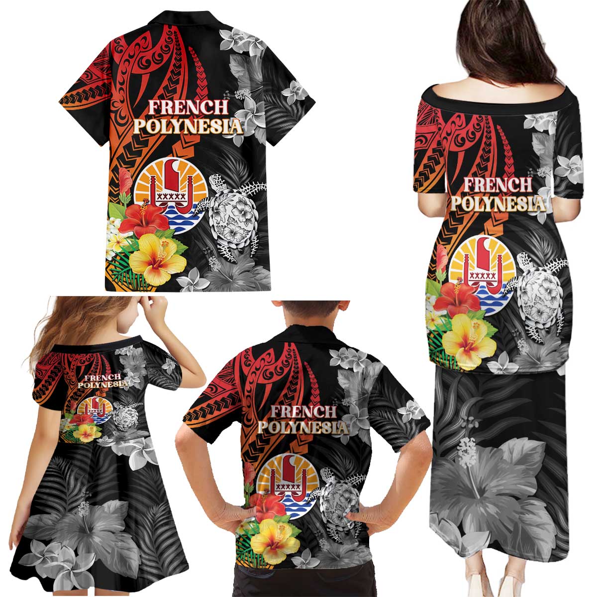 French Polynesia Bastille Day Family Matching Puletasi and Hawaiian Shirt Tropical Turtle Hibiscus Polynesian Pattern