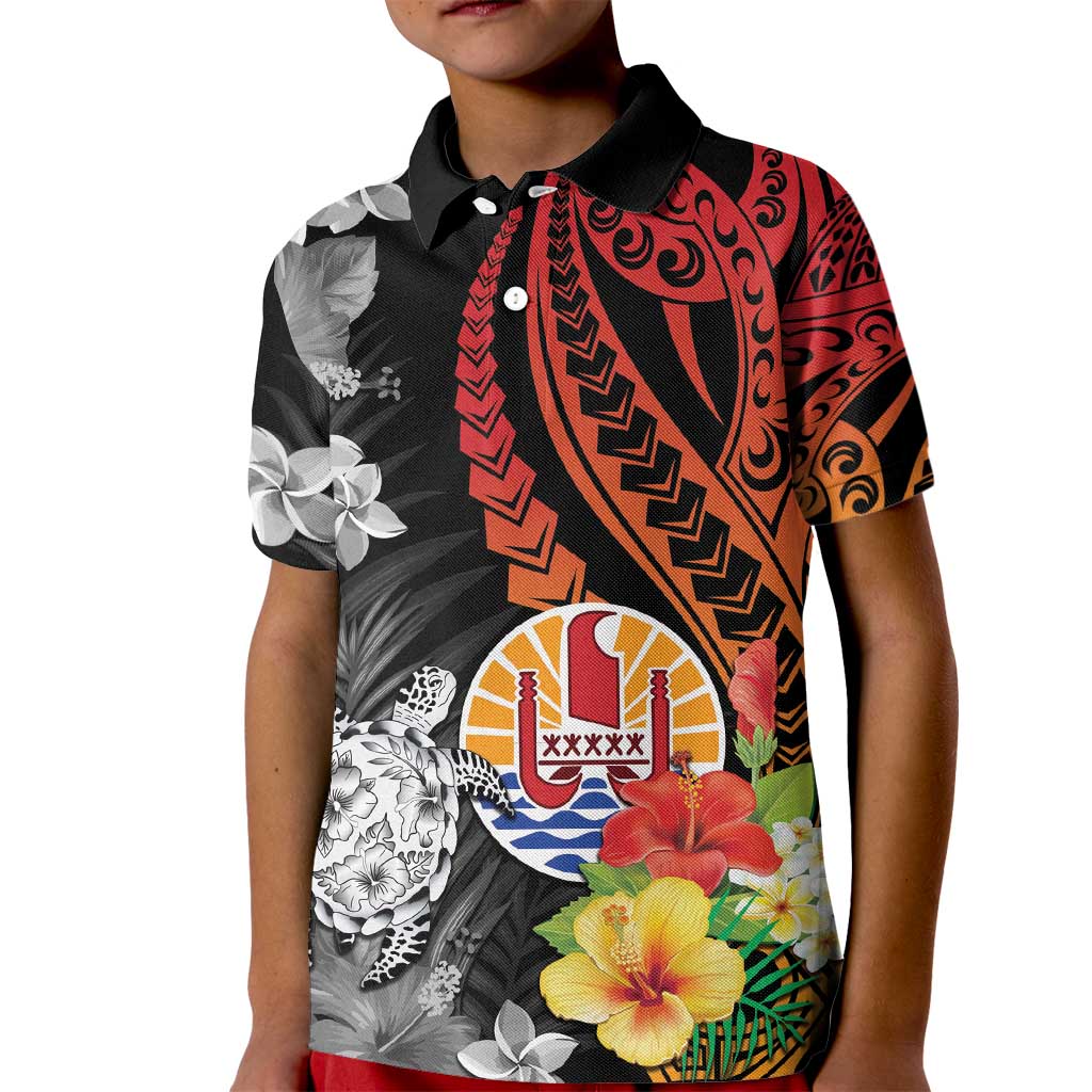 French Polynesia Bastille Day Kid Polo Shirt Tropical Turtle Hibiscus Polynesian Pattern LT05 Kid Black - Polynesian Pride