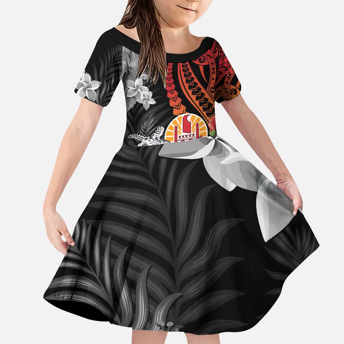 French Polynesia Bastille Day Kid Short Sleeve Dress Tropical Turtle Hibiscus Polynesian Pattern LT05 KID Black - Polynesian Pride