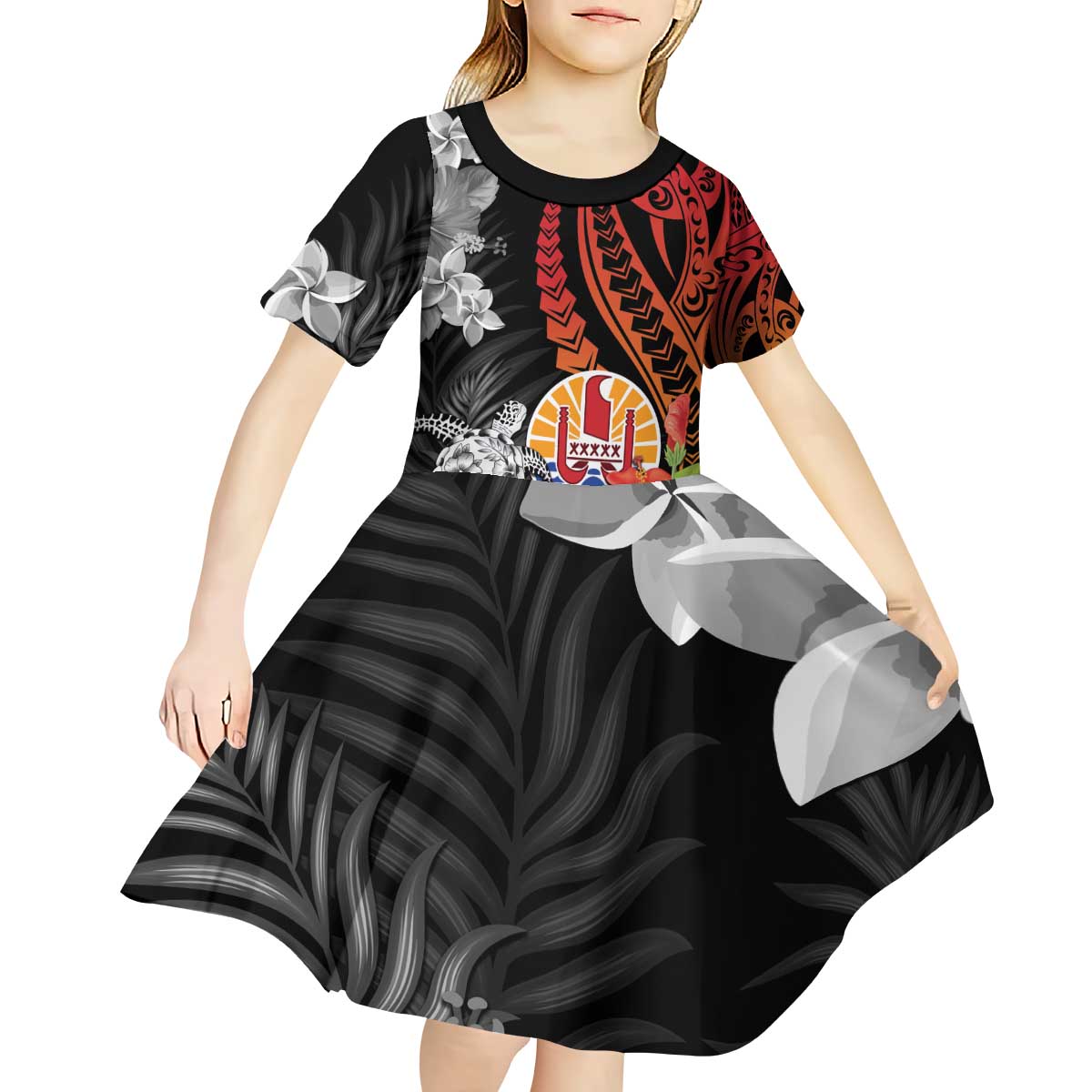 French Polynesia Bastille Day Kid Short Sleeve Dress Tropical Turtle Hibiscus Polynesian Pattern LT05 - Polynesian Pride