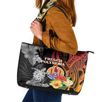 French Polynesia Bastille Day Leather Tote Bag Tropical Turtle Hibiscus Polynesian Pattern LT05 Black - Polynesian Pride