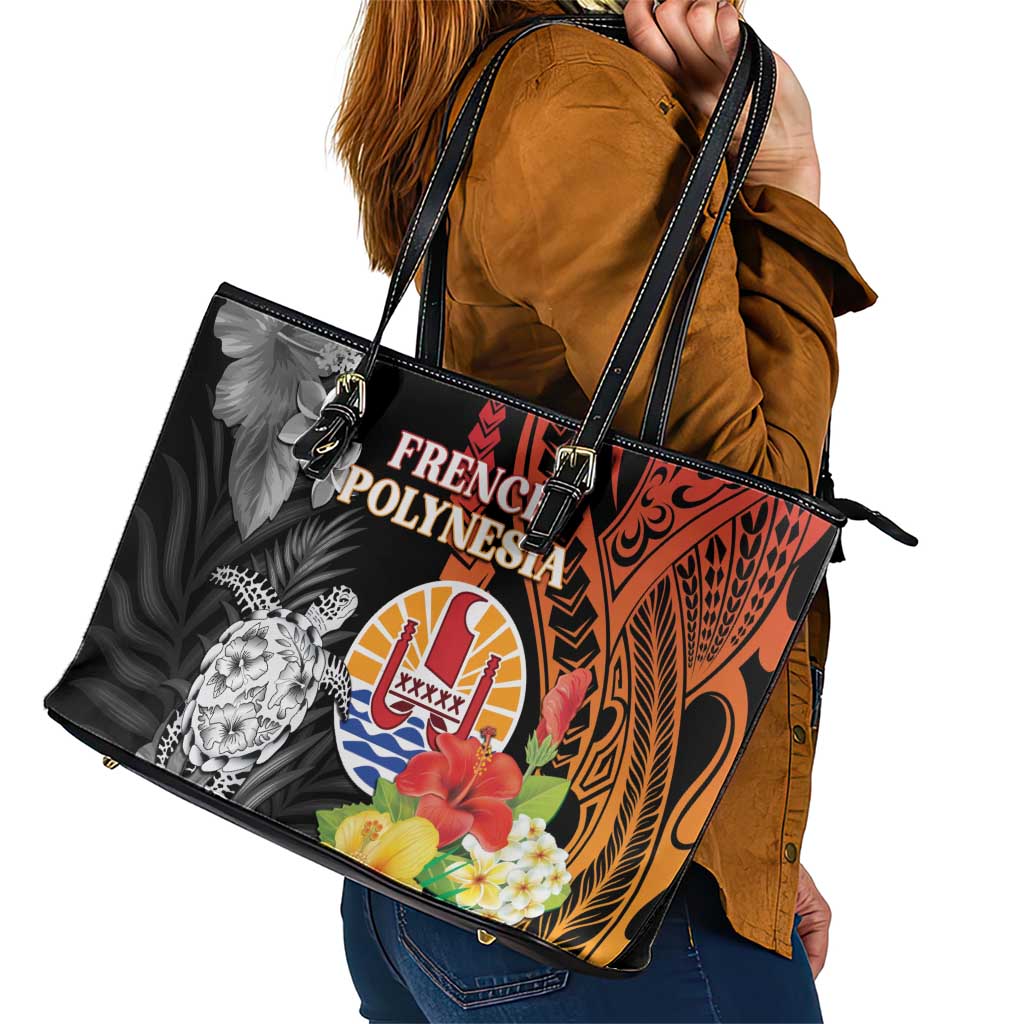French Polynesia Bastille Day Leather Tote Bag Tropical Turtle Hibiscus Polynesian Pattern LT05 - Polynesian Pride