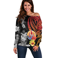 French Polynesia Bastille Day Off Shoulder Sweater Tropical Turtle Hibiscus Polynesian Pattern LT05 Women Black - Polynesian Pride