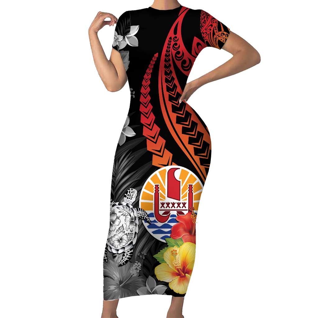 French Polynesia Bastille Day Short Sleeve Bodycon Dress Tropical Turtle Hibiscus Polynesian Pattern LT05 Long Dress Black - Polynesian Pride