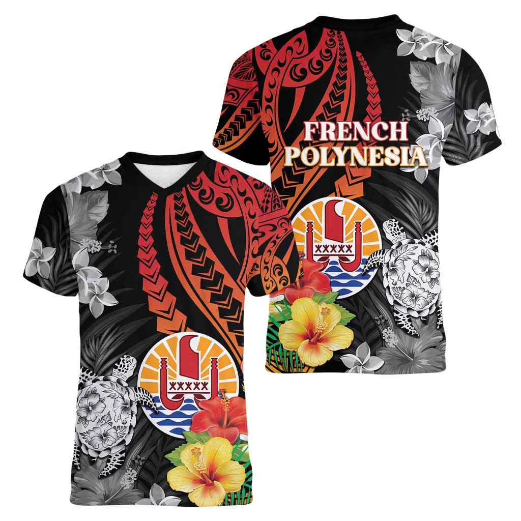 French Polynesia Bastille Day Women V-Neck T-Shirt Tropical Turtle Hibiscus Polynesian Pattern LT05 - Polynesian Pride