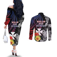 Wallis and Futuna Bastille Day Couples Matching Off The Shoulder Long Sleeve Dress and Long Sleeve Button Shirt Tropical Turtle Hibiscus Polynesian Pattern