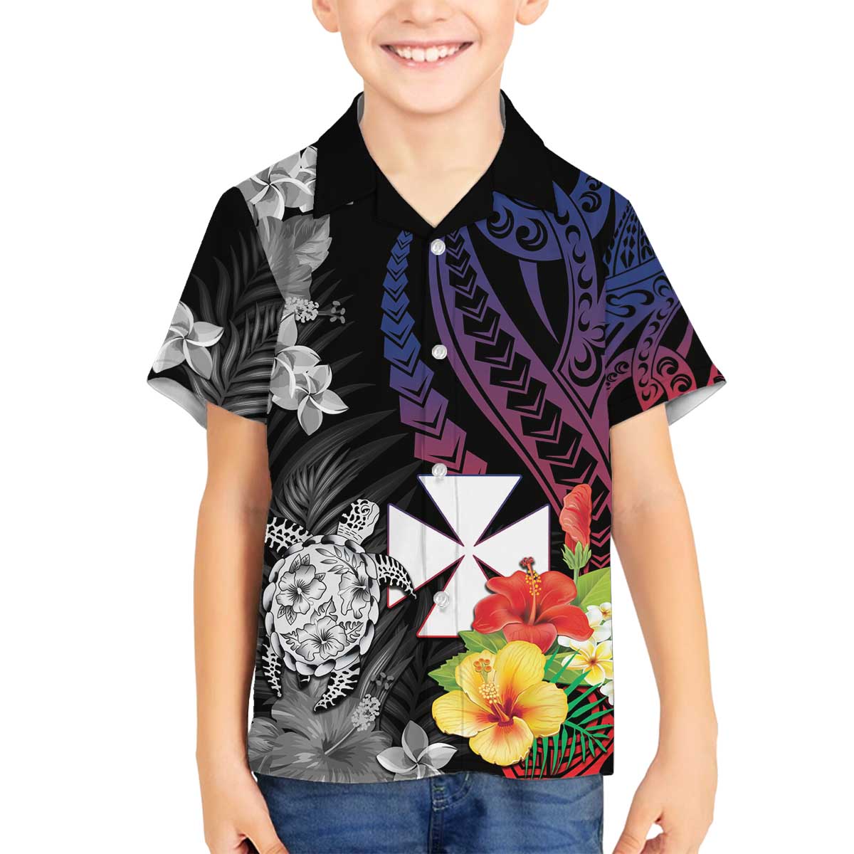 Wallis and Futuna Bastille Day Family Matching Off The Shoulder Long Sleeve Dress and Hawaiian Shirt Tropical Turtle Hibiscus Polynesian Pattern