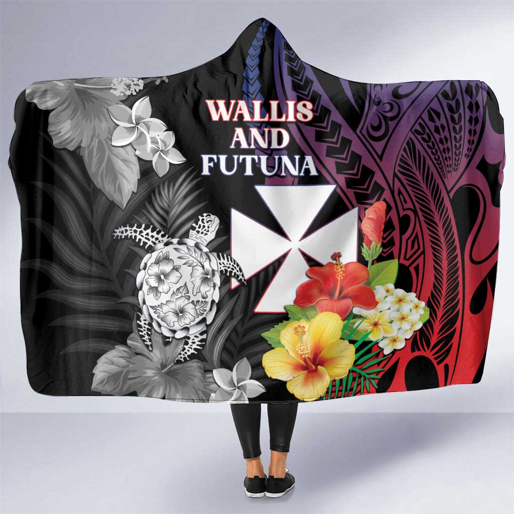 Wallis and Futuna Bastille Day Hooded Blanket Tropical Turtle Hibiscus Polynesian Pattern LT05 One Size Black - Polynesian Pride