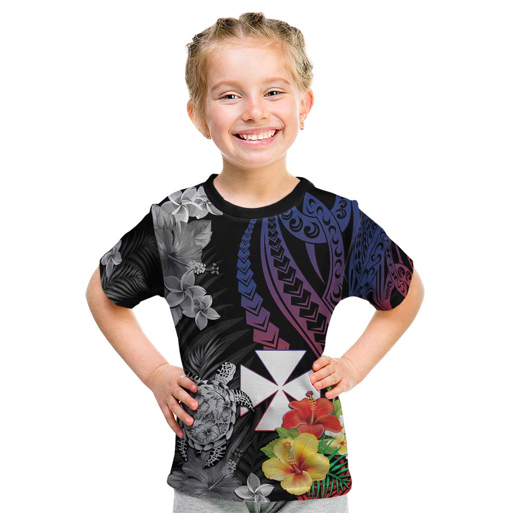 Wallis and Futuna Bastille Day Kid T Shirt Tropical Turtle Hibiscus Polynesian Pattern LT05 Black - Polynesian Pride