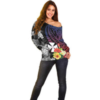 Wallis and Futuna Bastille Day Off Shoulder Sweater Tropical Turtle Hibiscus Polynesian Pattern